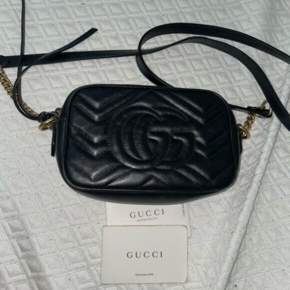 USED Gucci GG Marmont Mini Shoulder Leather Bag Black Gold Tone - Picture 3 of 4